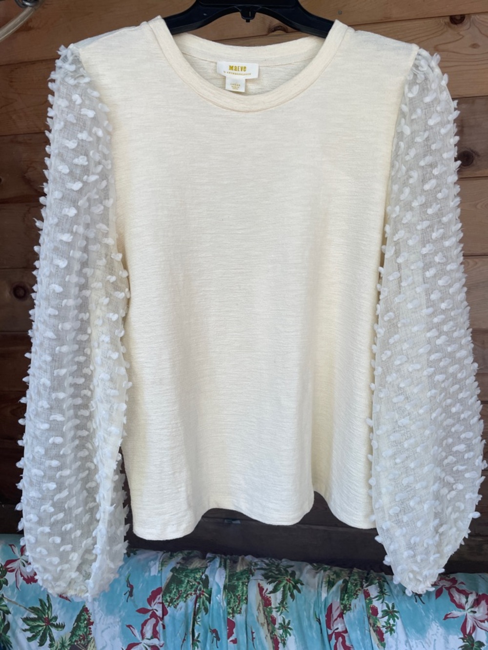 Maeve Cream Textured Puff-Sleeve Long Sleeve Top Sz L MINT
